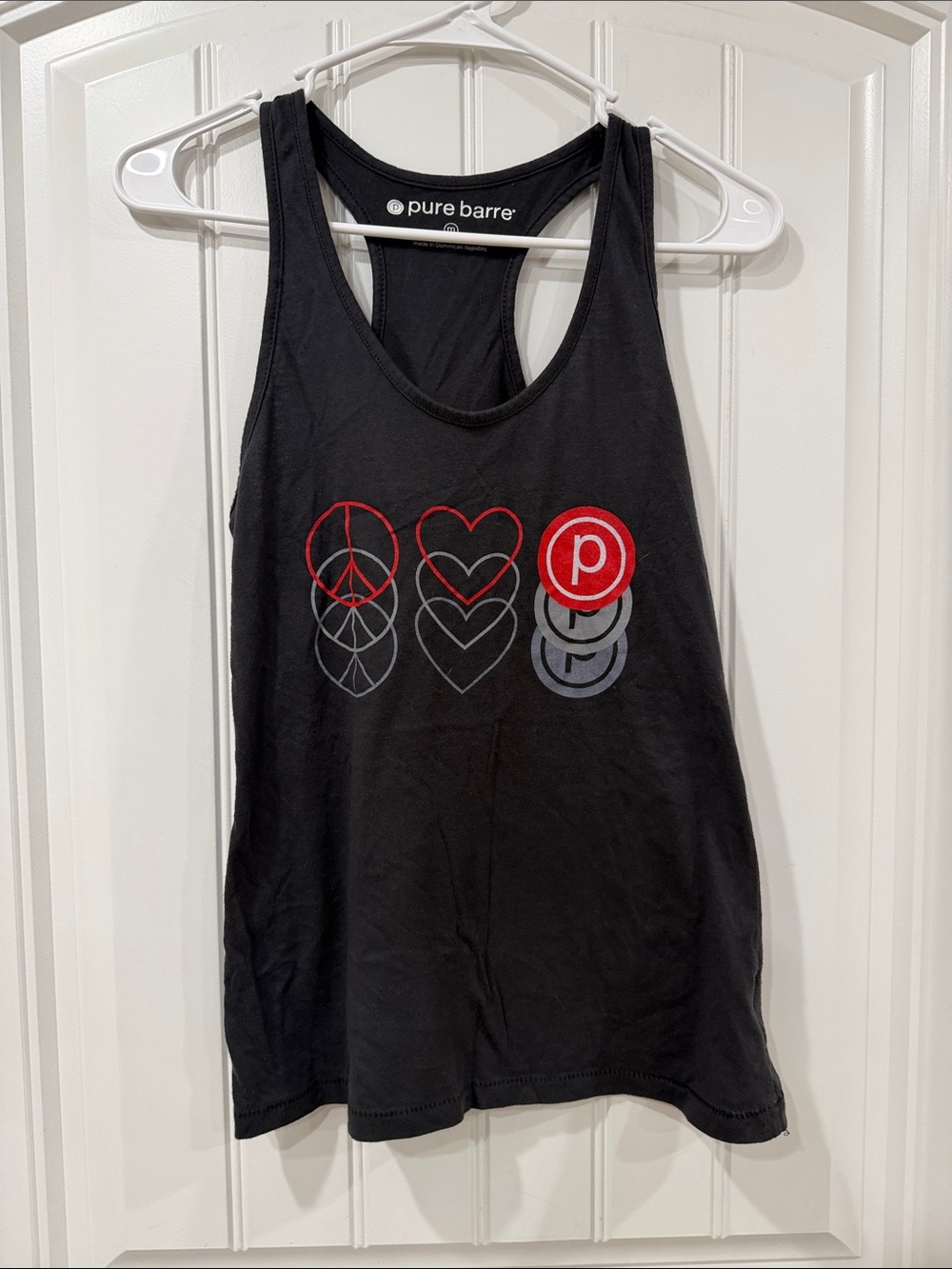EUC Pure Barre Black Tank with Red & Gray Graphic Icons